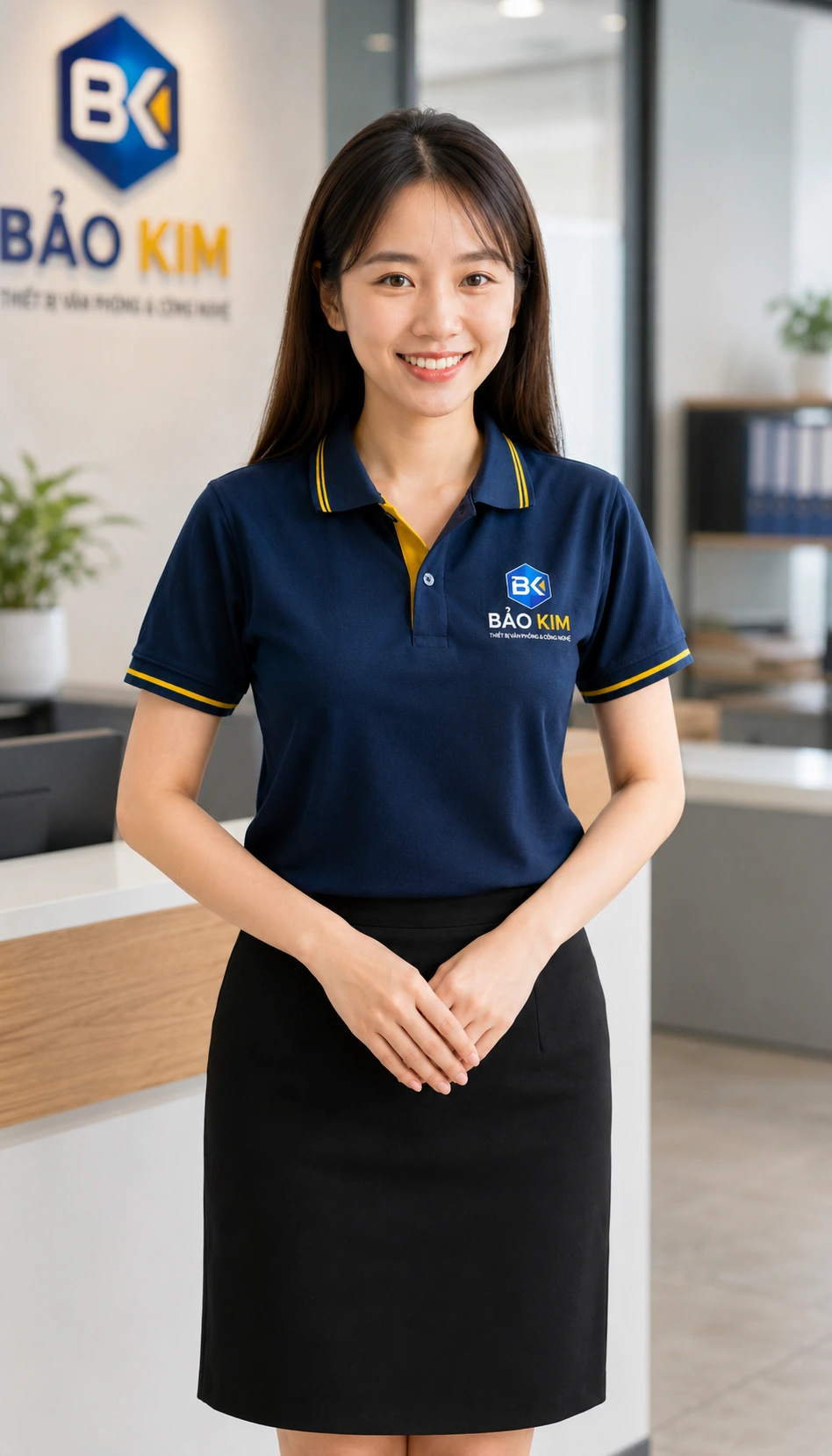 Lễ tân Bảo Kim đứng chào khách